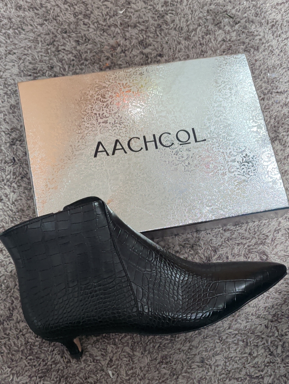 Aachcol Women's Pointed Toe Low Kitten Heel Ankle Boots in Black Croc Size 11 M